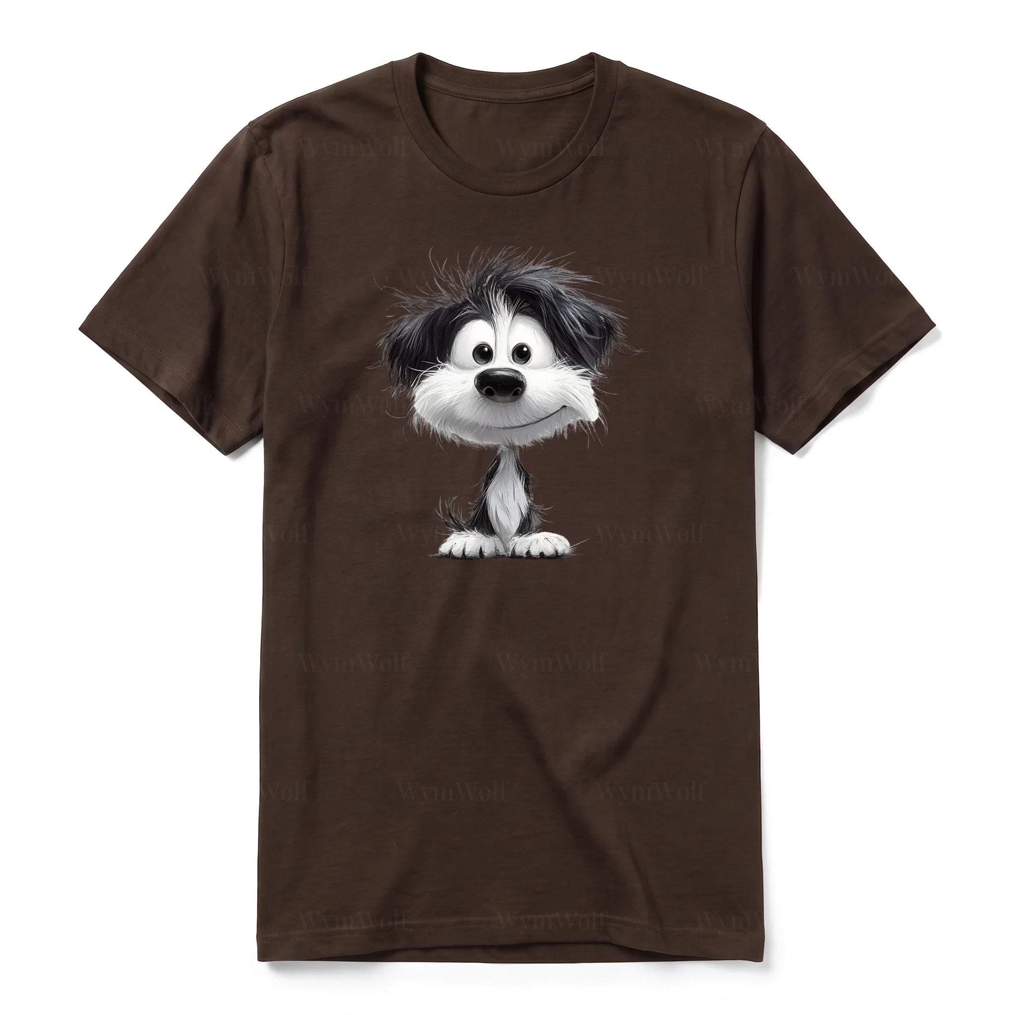 A chocolate short-sleeve crewneck t-shirt for adult featuring a graphic of a dog on the front.
