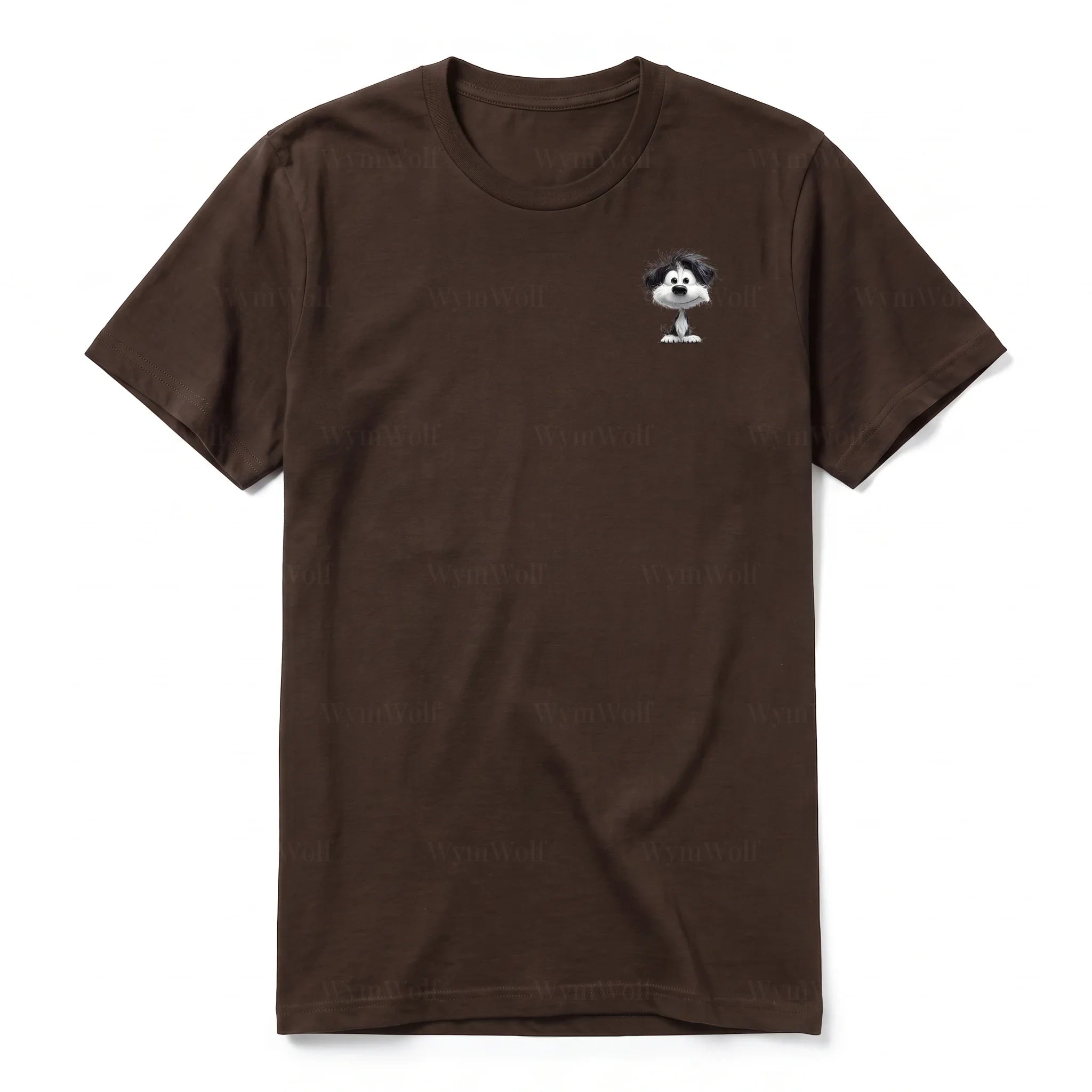 A chocolate short-sleeve crewneck t-shirt for adult featuring a graphic of a dog on the left chest.