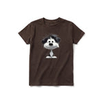 A chocolate short-sleeve crewneck t-shirt for youth featuring a graphic of a dog on the front.