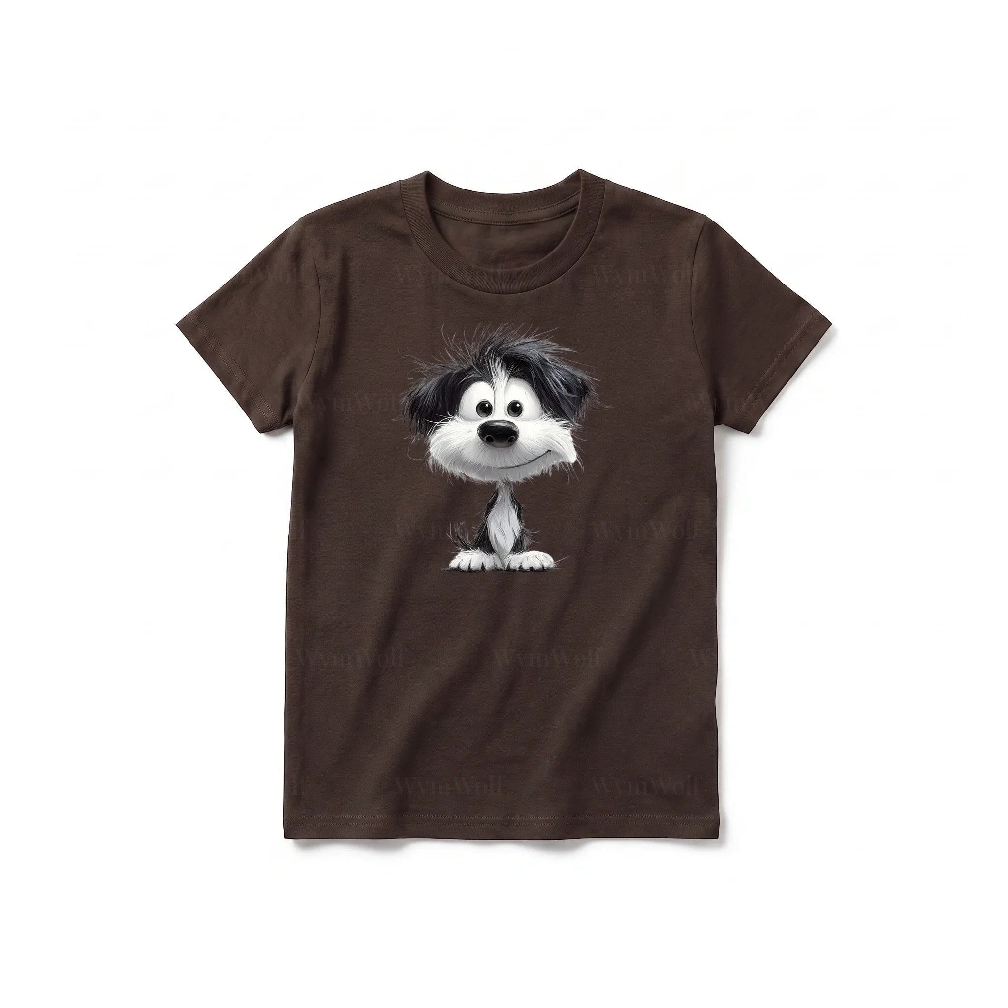 A chocolate short-sleeve crewneck t-shirt for youth featuring a graphic of a dog on the front.