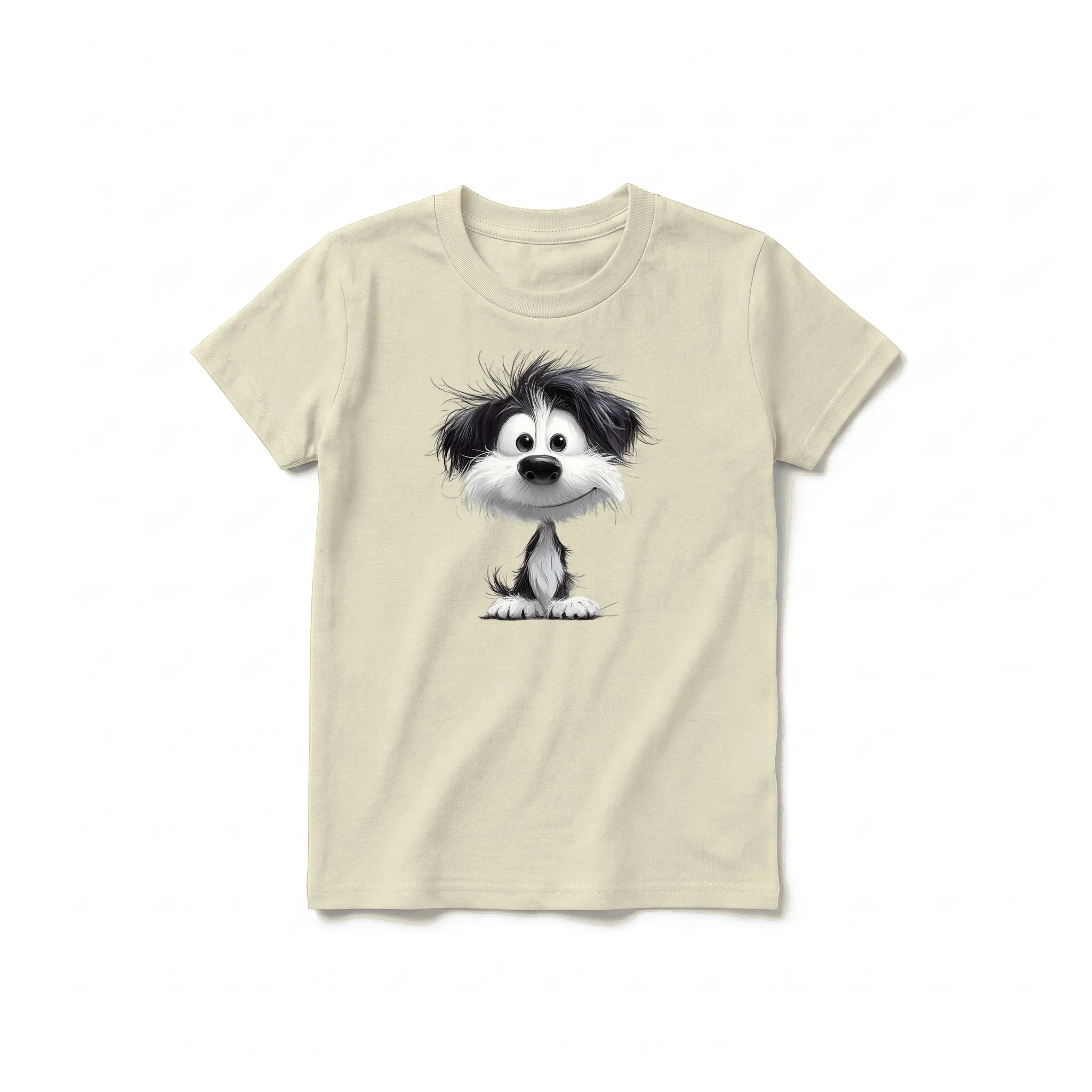 A latte short-sleeve crewneck t-shirt for youth featuring a graphic of a dog on the front.