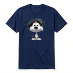 A navy short-sleeve crewneck t-shirt for adult featuring a graphic of a dog on the front.