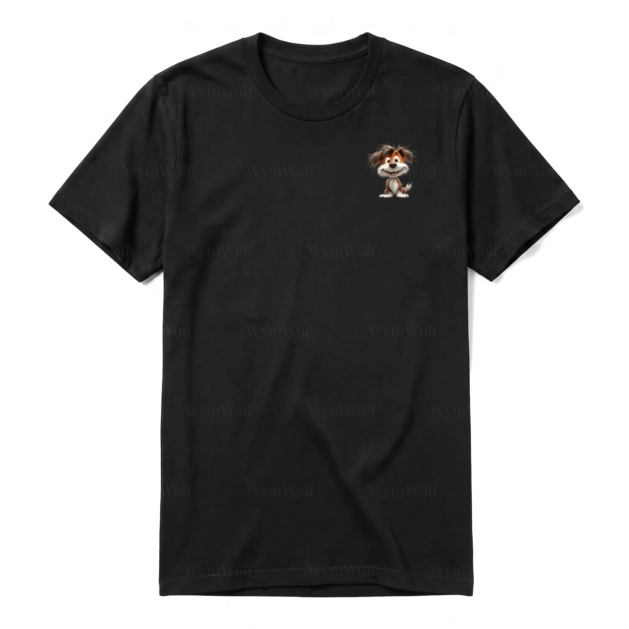 A black short-sleeve crewneck t-shirt for adult featuring a graphic of a dog on the left chest.