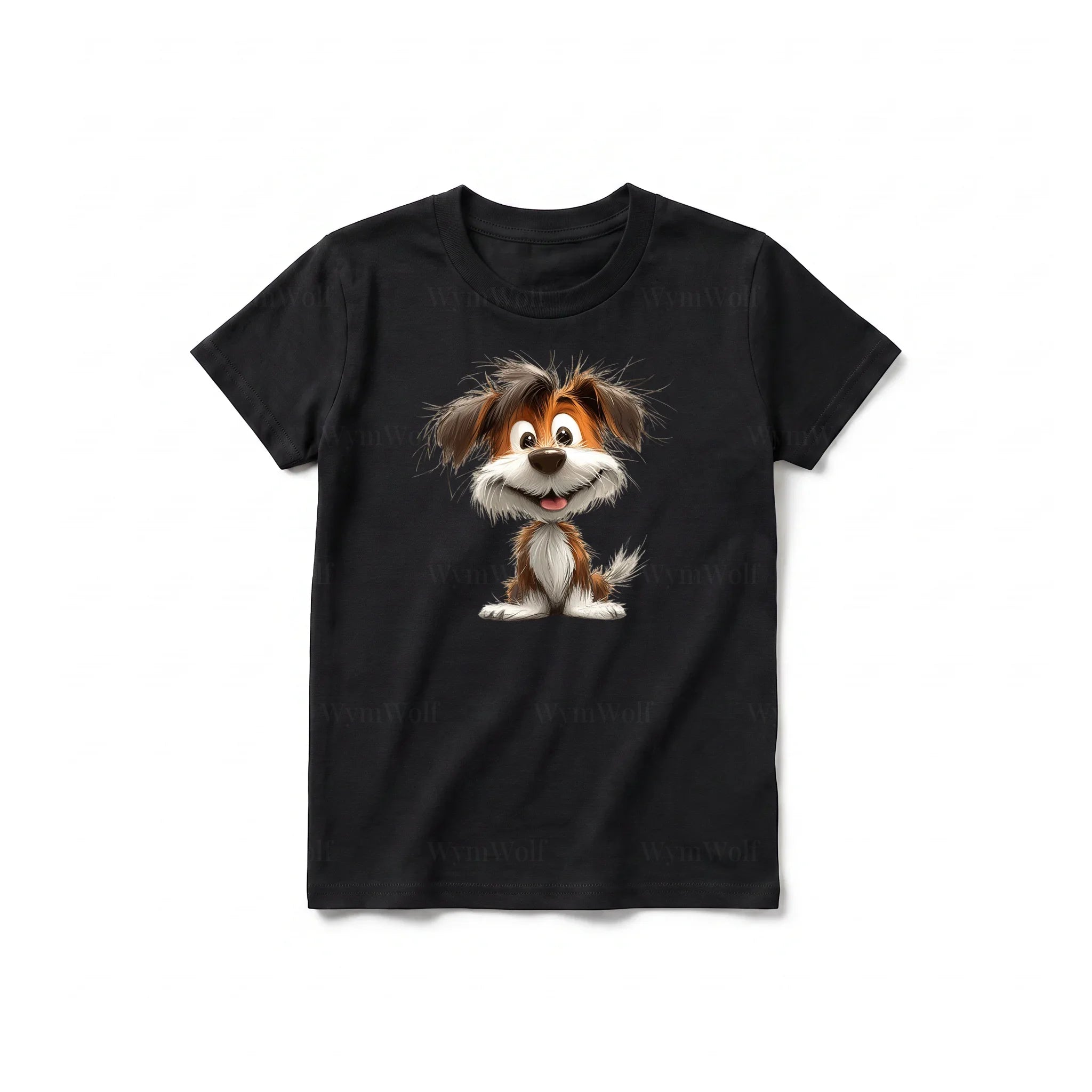 A black short-sleeve crewneck t-shirt for youth featuring a graphic of a dog on the front.