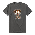 A charcoal short-sleeve crewneck t-shirt for adult featuring a graphic of a dog on the front.