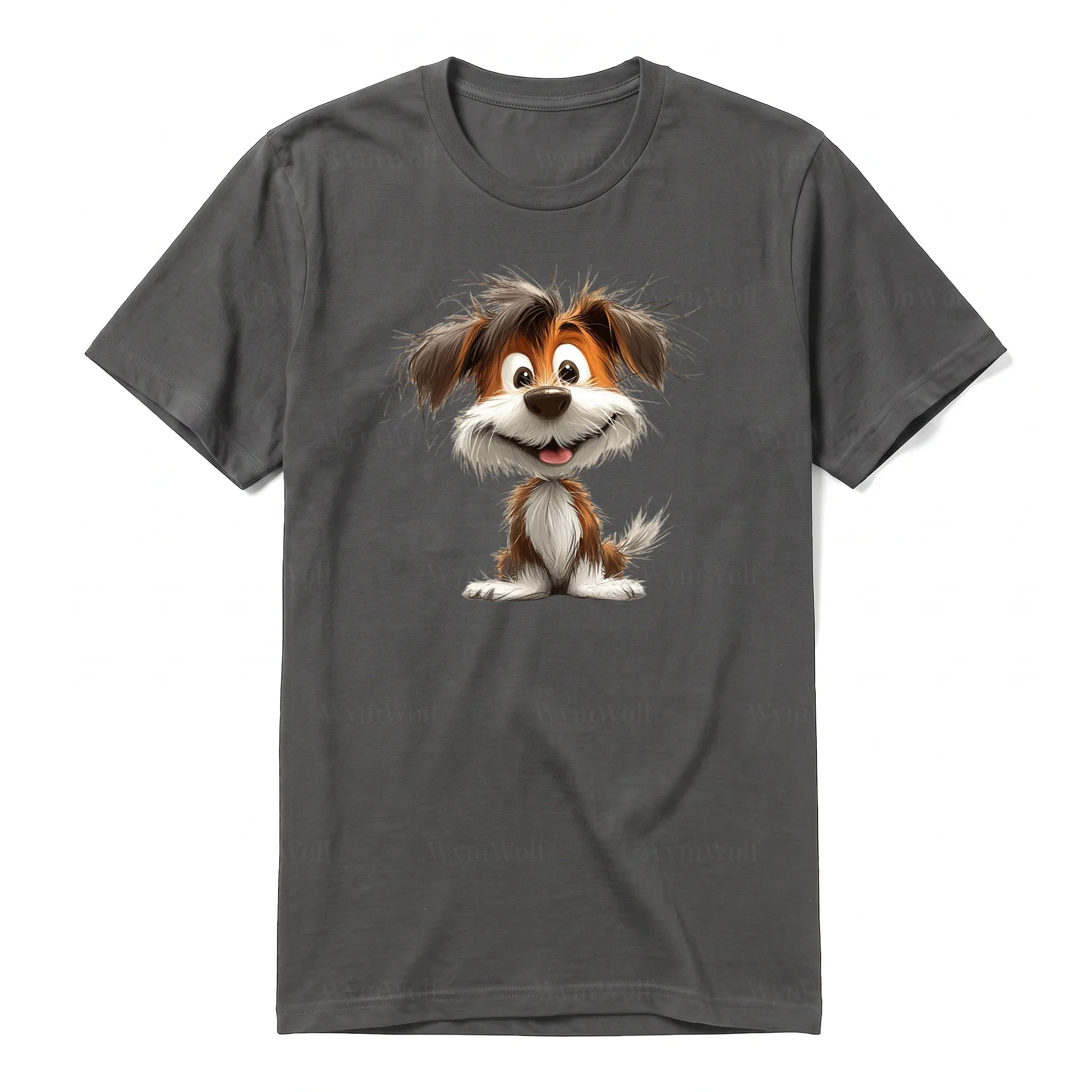 A charcoal short-sleeve crewneck t-shirt for adult featuring a graphic of a dog on the front.