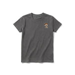 A charcoal short-sleeve crewneck t-shirt for youth featuring a graphic of a dog on the left chest.