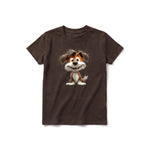A chocolate short-sleeve crewneck t-shirt for youth featuring a graphic of a dog on the front.