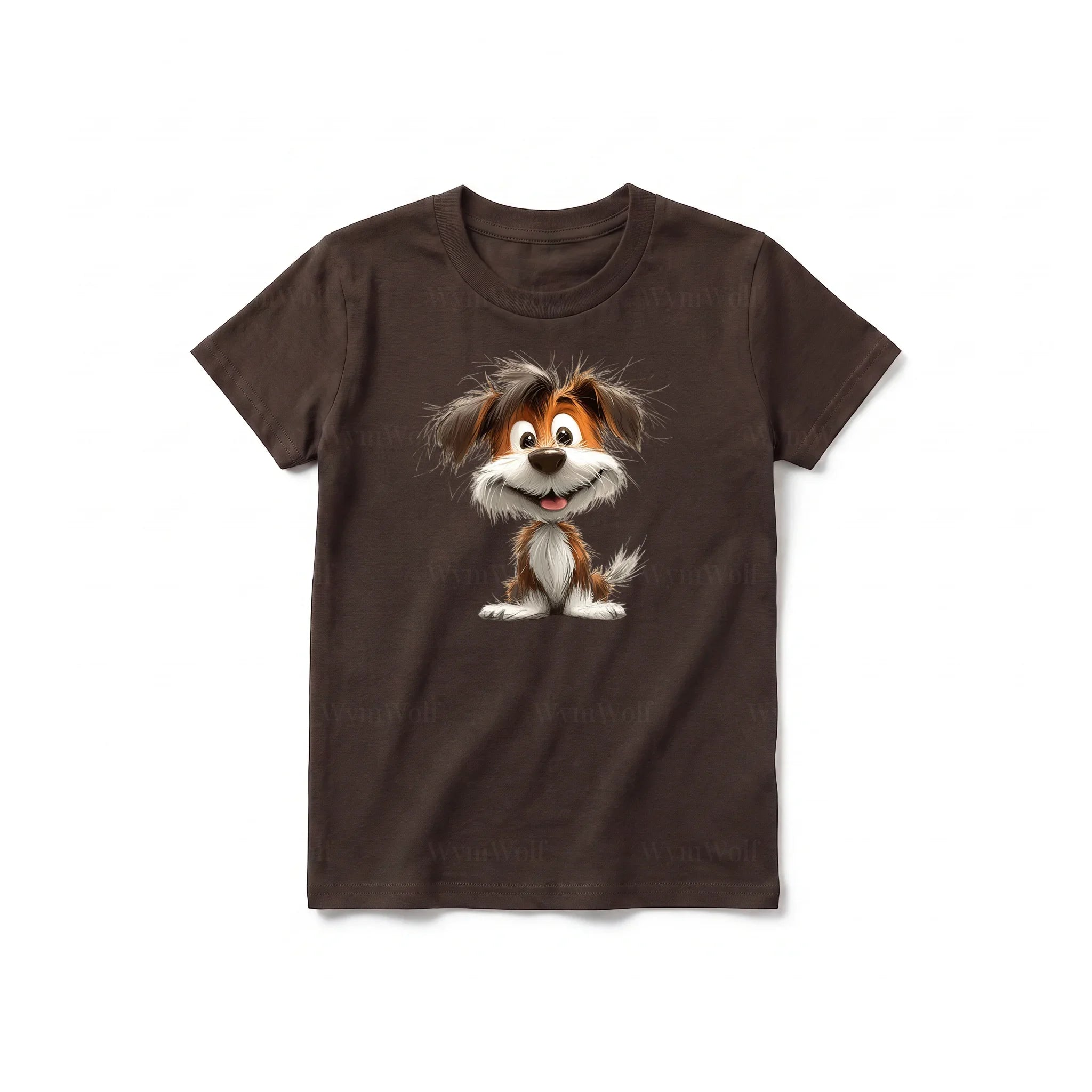 A chocolate short-sleeve crewneck t-shirt for youth featuring a graphic of a dog on the front.
