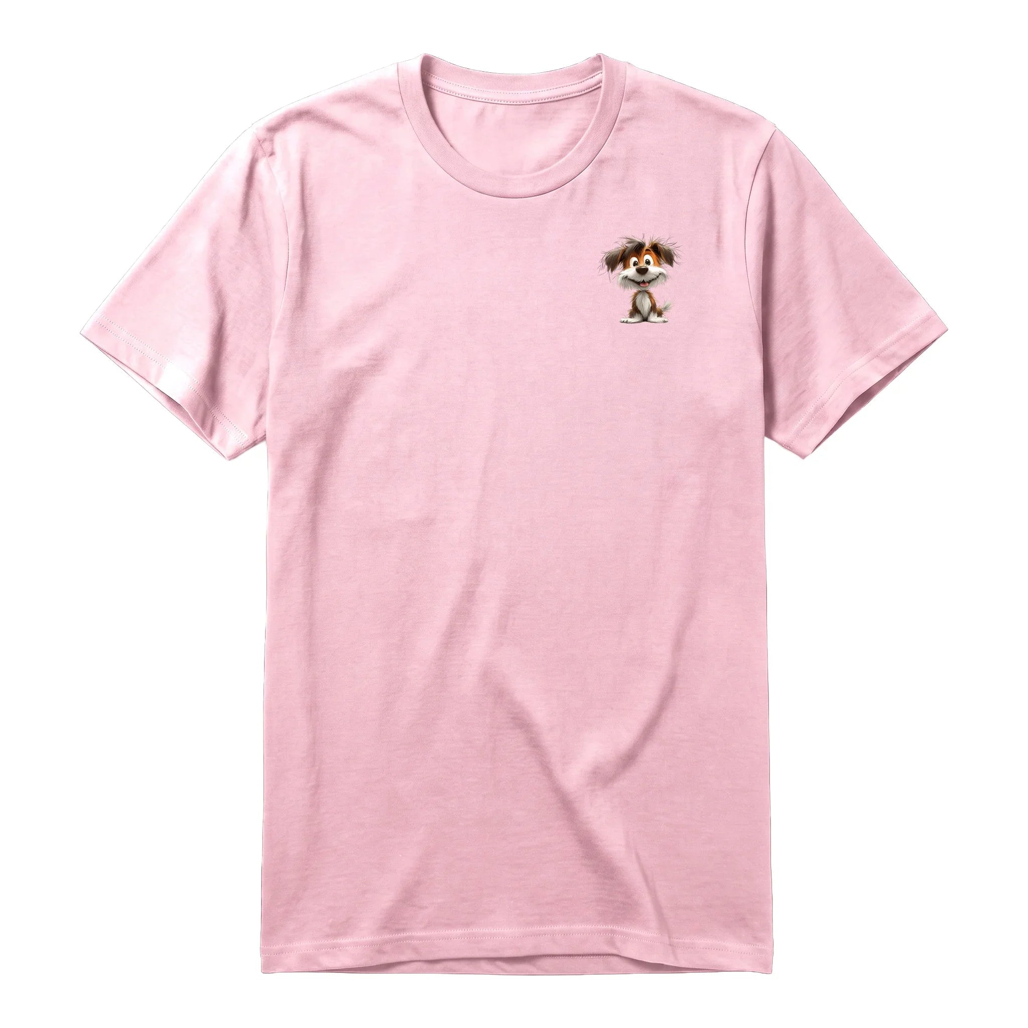 A pink short-sleeve crewneck t-shirt for adult featuring a graphic of a dog on the left chest.