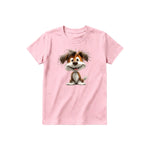 A pink short-sleeve crewneck t-shirt for youth featuring a graphic of a dog on the front.
