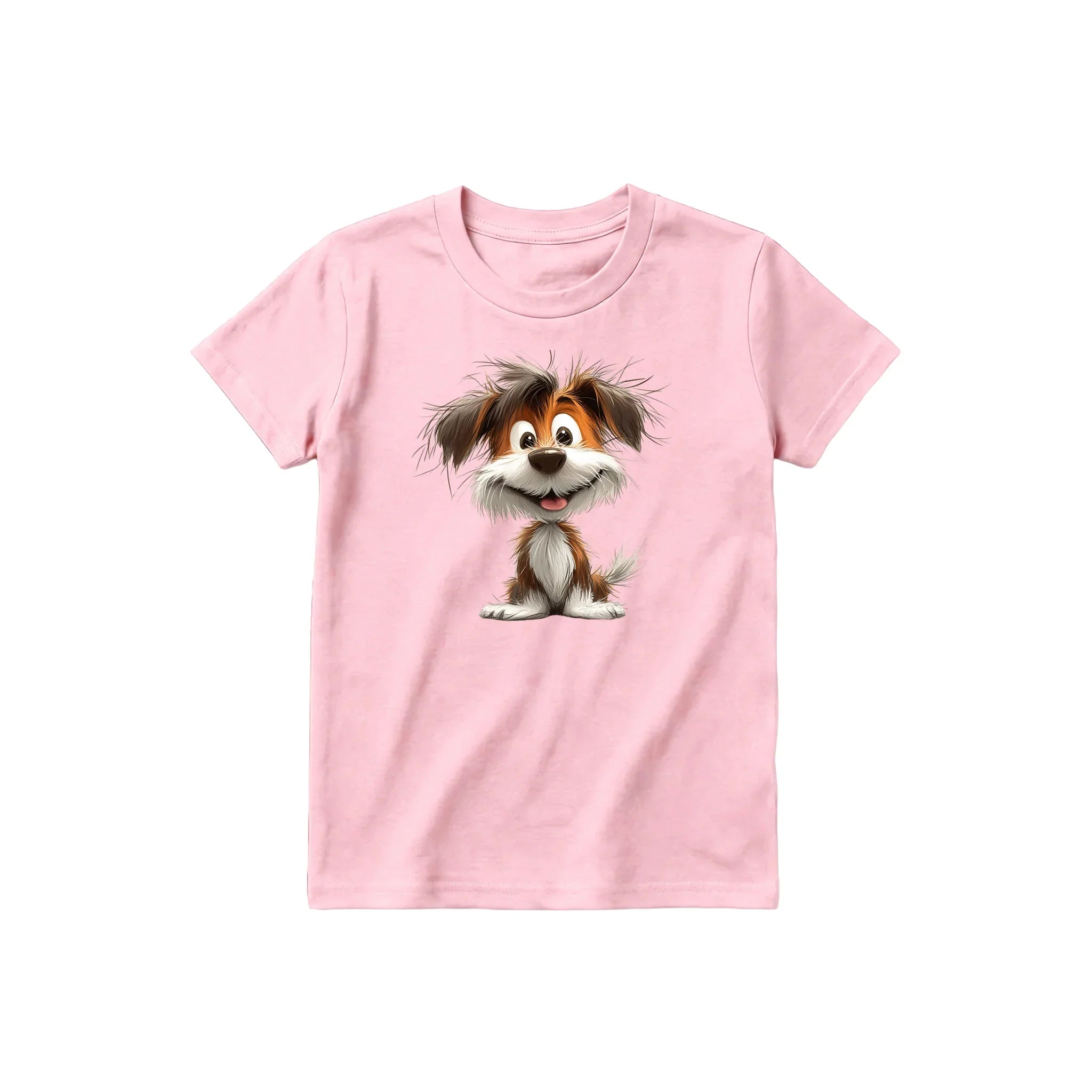 A pink short-sleeve crewneck t-shirt for youth featuring a graphic of a dog on the front.