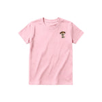 A pink short-sleeve crewneck t-shirt for youth featuring a graphic of a dog on the left chest.