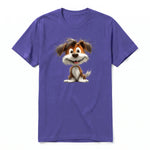 A purple short-sleeve crewneck t-shirt for adult featuring a graphic of a dog on the front.