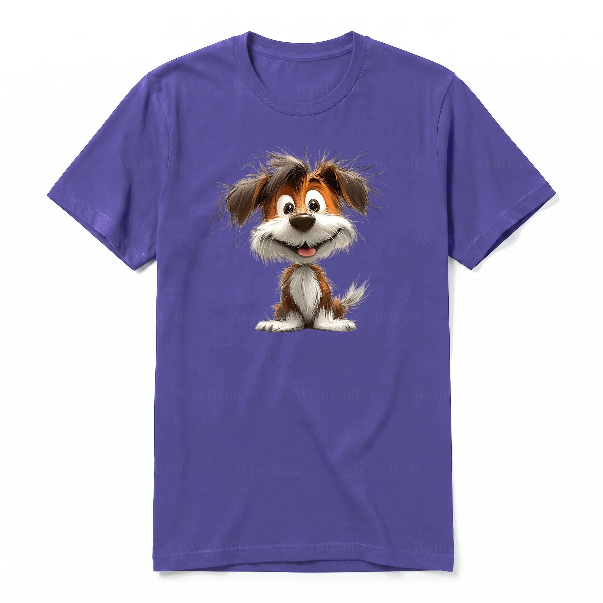 A purple short-sleeve crewneck t-shirt for adult featuring a graphic of a dog on the front.