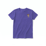 A purple short-sleeve crewneck t-shirt for youth featuring a graphic of a dog on the left chest.