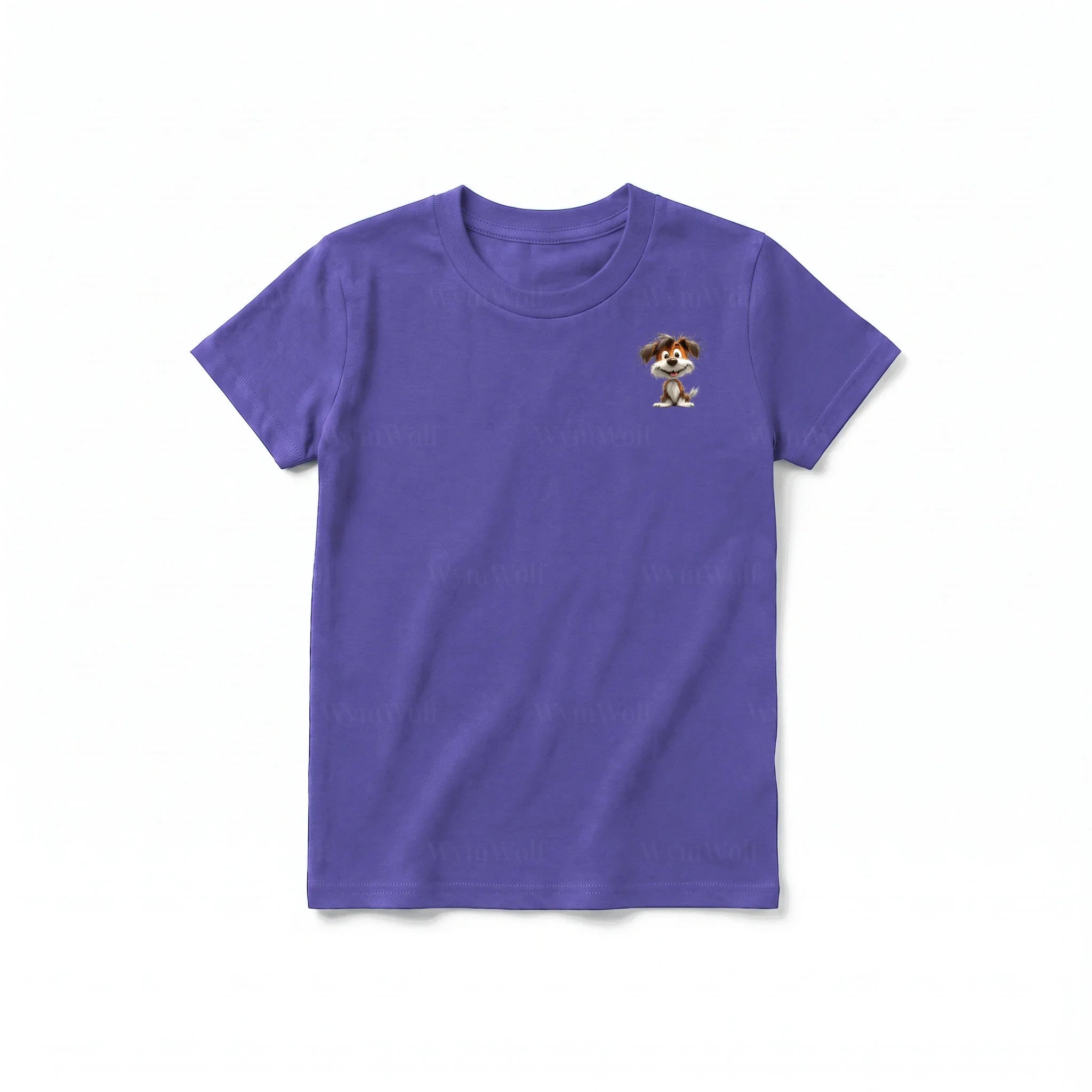 A purple short-sleeve crewneck t-shirt for youth featuring a graphic of a dog on the left chest.