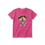 A raspberry short-sleeve crewneck t-shirt for youth featuring a graphic of a dog on the front.
