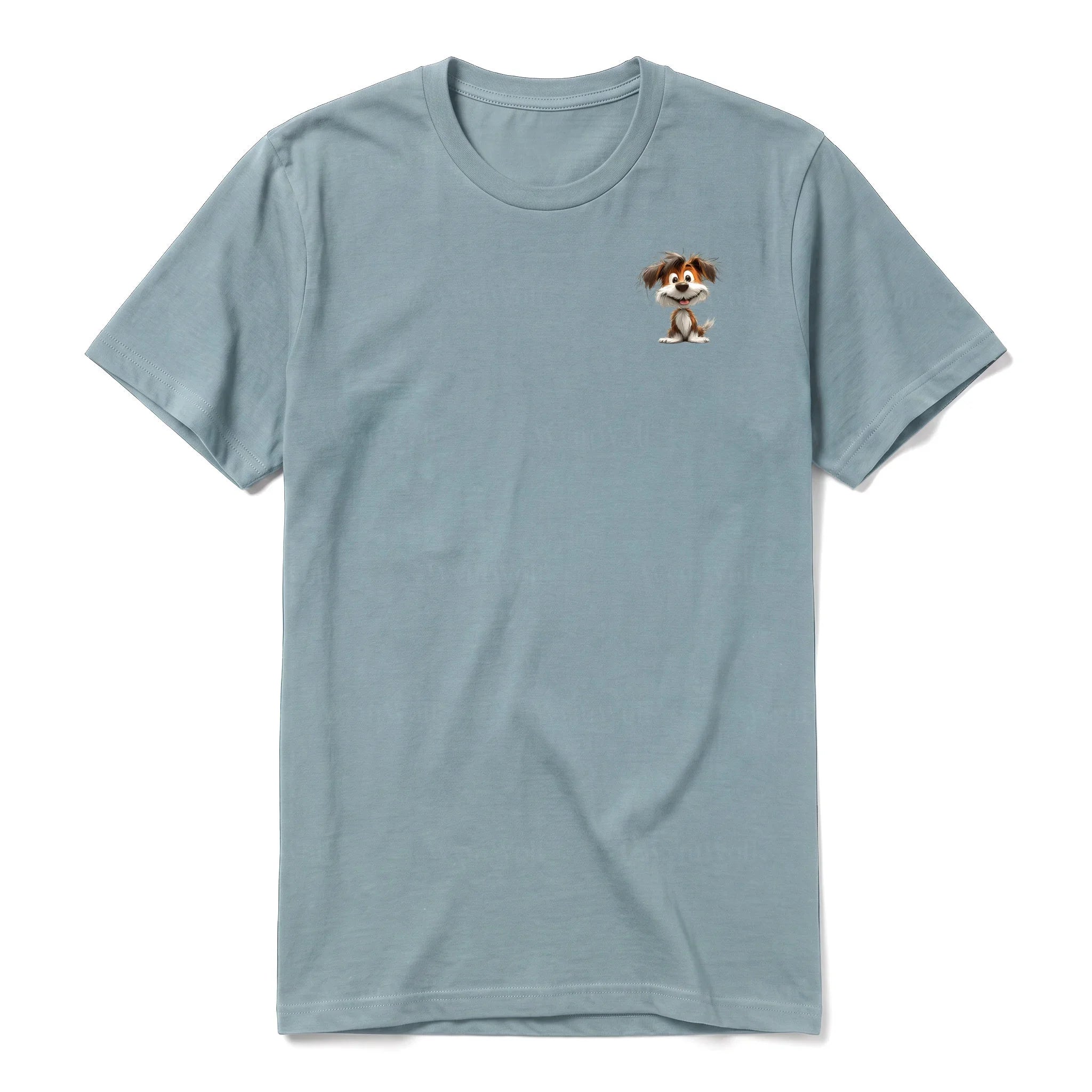 A sage short-sleeve crewneck t-shirt for adult featuring a graphic of a dog on the left chest.