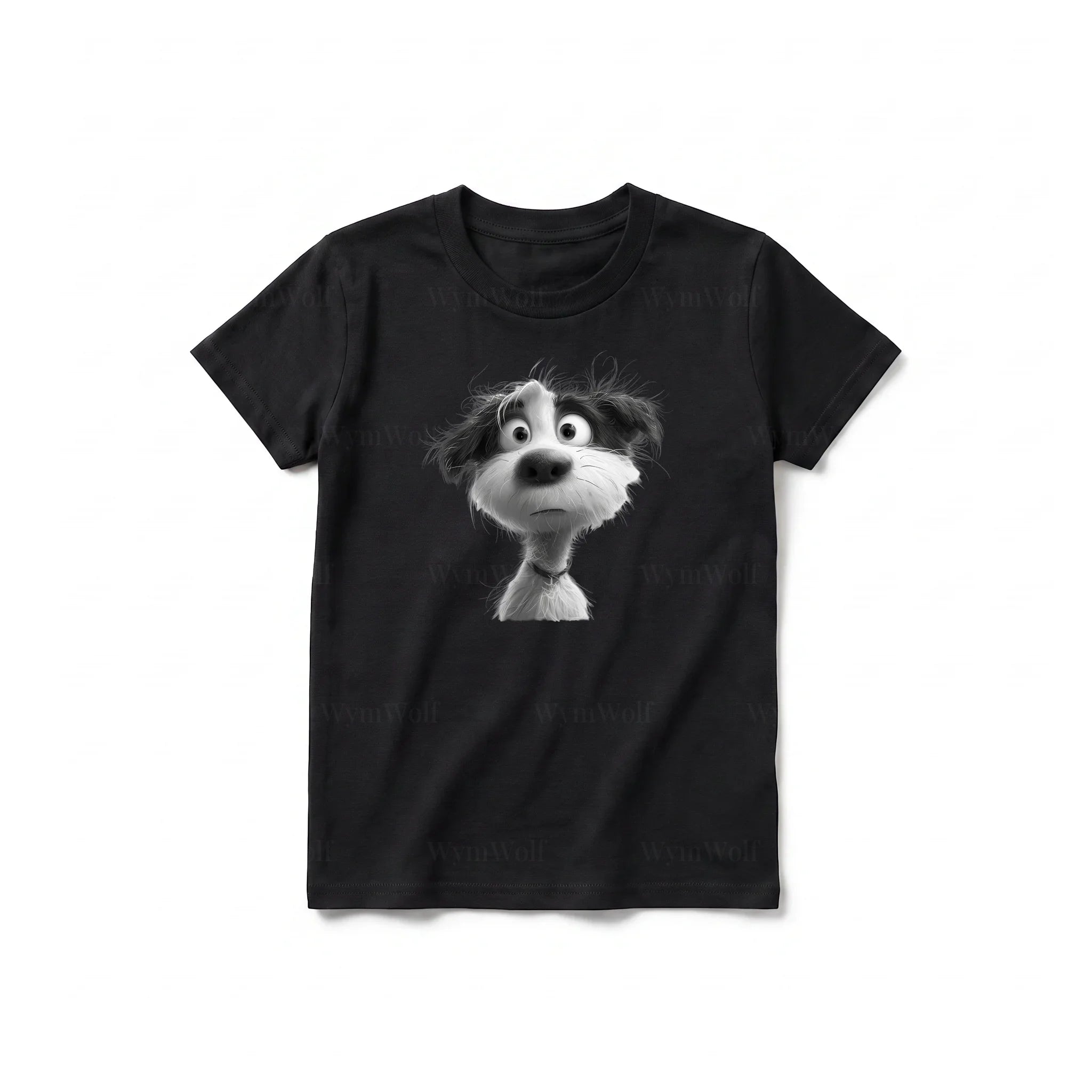 Un T-shirt noir à manches courtes et col rond pour jeune, orné d'un motif représentant un chien sur le devant.