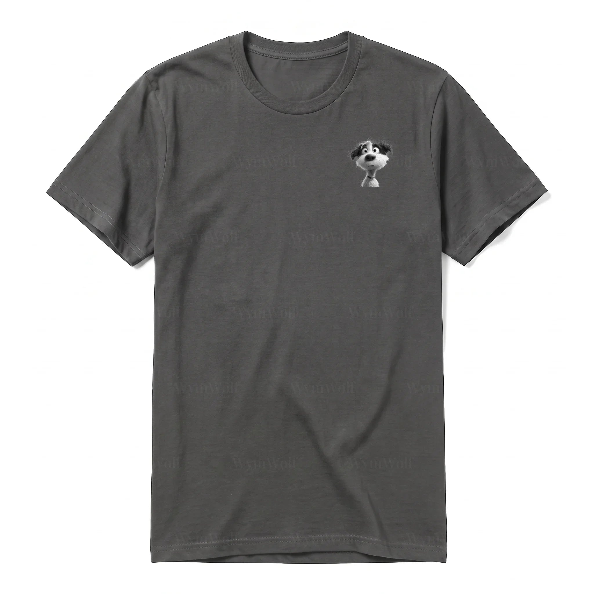 A charcoal short-sleeve crewneck t-shirt for adult featuring a graphic of a dog on the left chest.