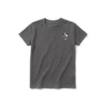 A charcoal short-sleeve crewneck t-shirt for youth featuring a graphic of a dog on the left chest.