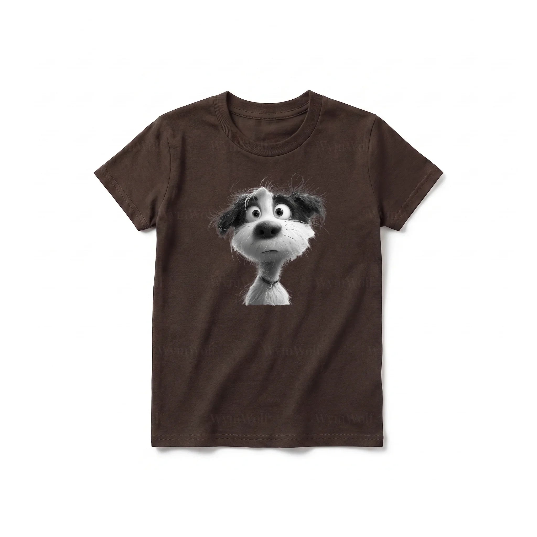 A chocolate short-sleeve crewneck t-shirt for youth featuring a graphic of a dog on the front.