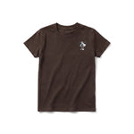 A chocolate short-sleeve crewneck t-shirt for youth featuring a graphic of a dog on the left chest.