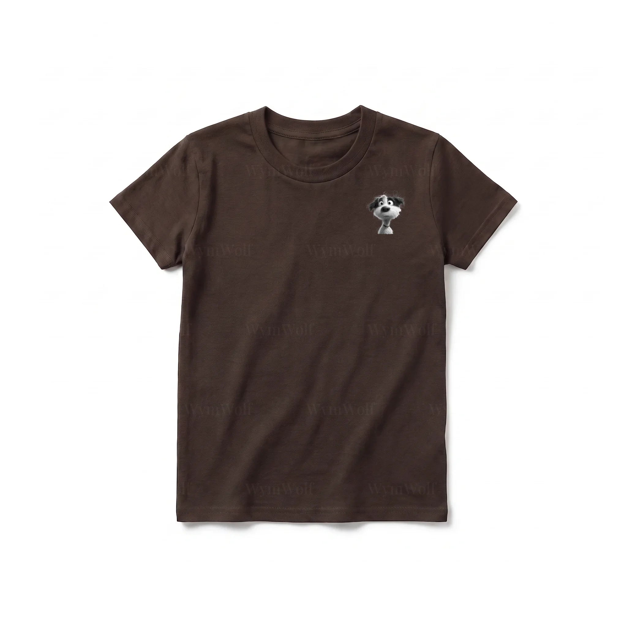 A chocolate short-sleeve crewneck t-shirt for youth featuring a graphic of a dog on the left chest.