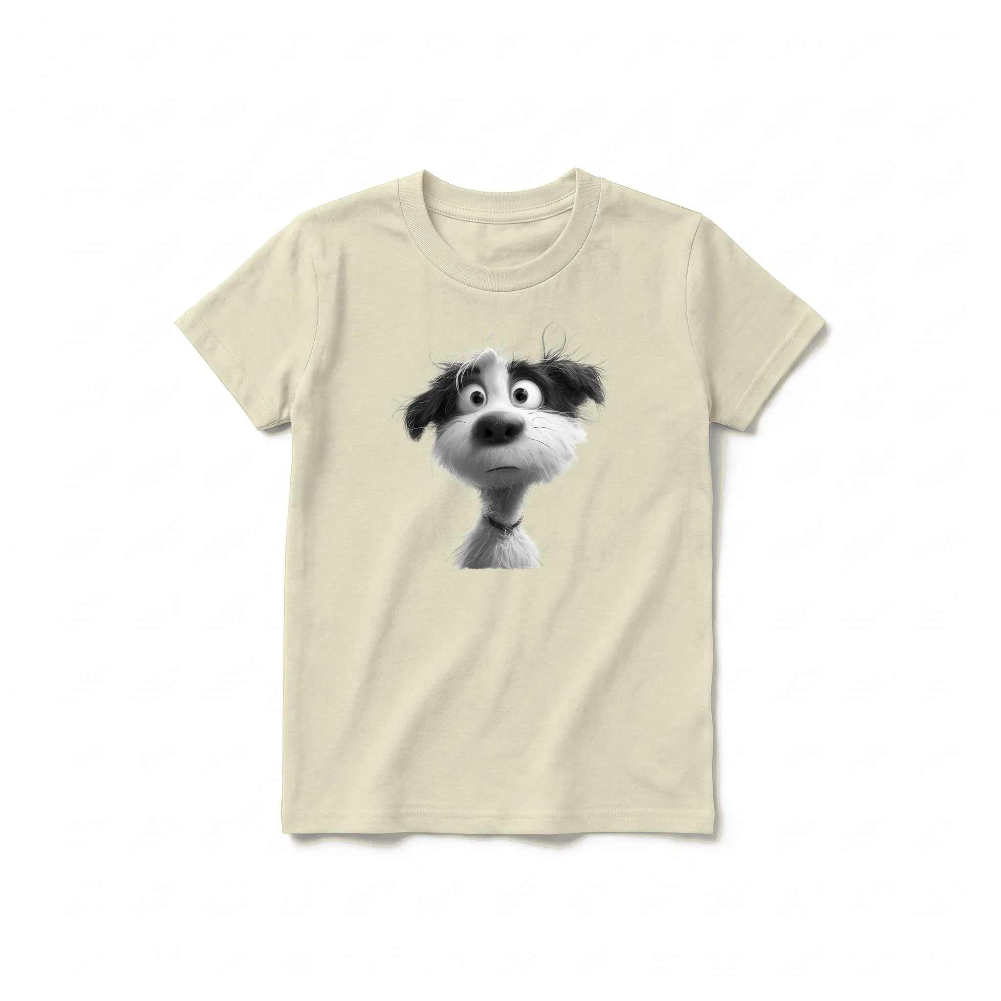 A latte short-sleeve crewneck t-shirt for youth featuring a graphic of a dog on the front.