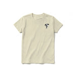 A latte short-sleeve crewneck t-shirt for youth featuring a graphic of a dog on the left chest.