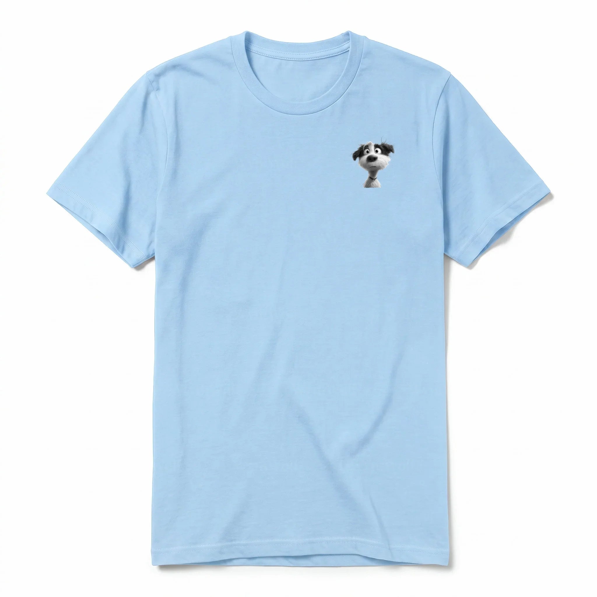 A powder short-sleeve crewneck t-shirt for adult featuring a graphic of a dog on the left chest.