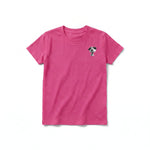 A raspberry short-sleeve crewneck t-shirt for youth featuring a graphic of a dog on the left chest.