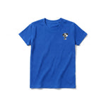 A royal short-sleeve crewneck t-shirt for youth featuring a graphic of a dog on the left chest.