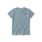 A sage short-sleeve crewneck t-shirt for youth featuring a graphic of a dog on the left chest.