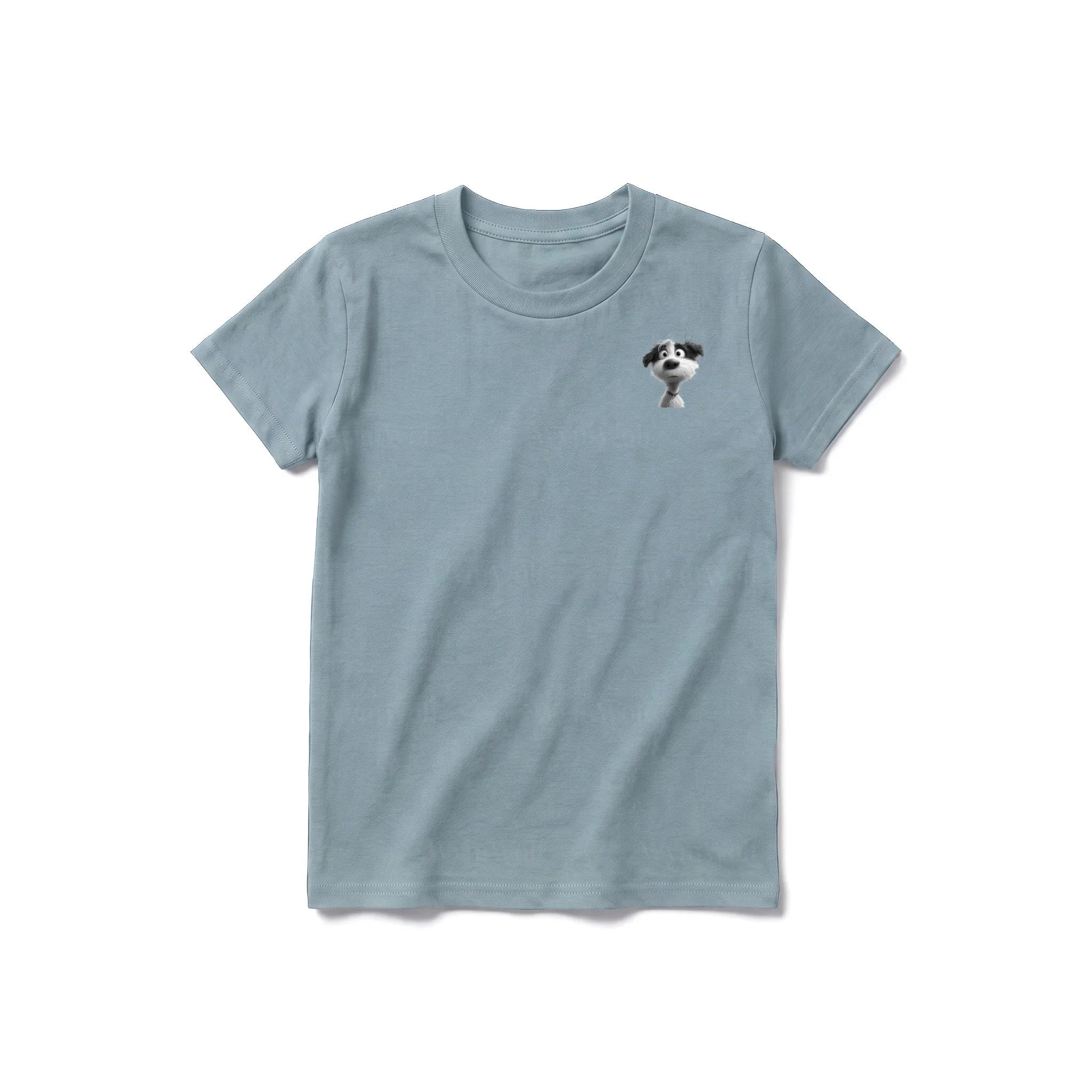 A sage short-sleeve crewneck t-shirt for youth featuring a graphic of a dog on the left chest.