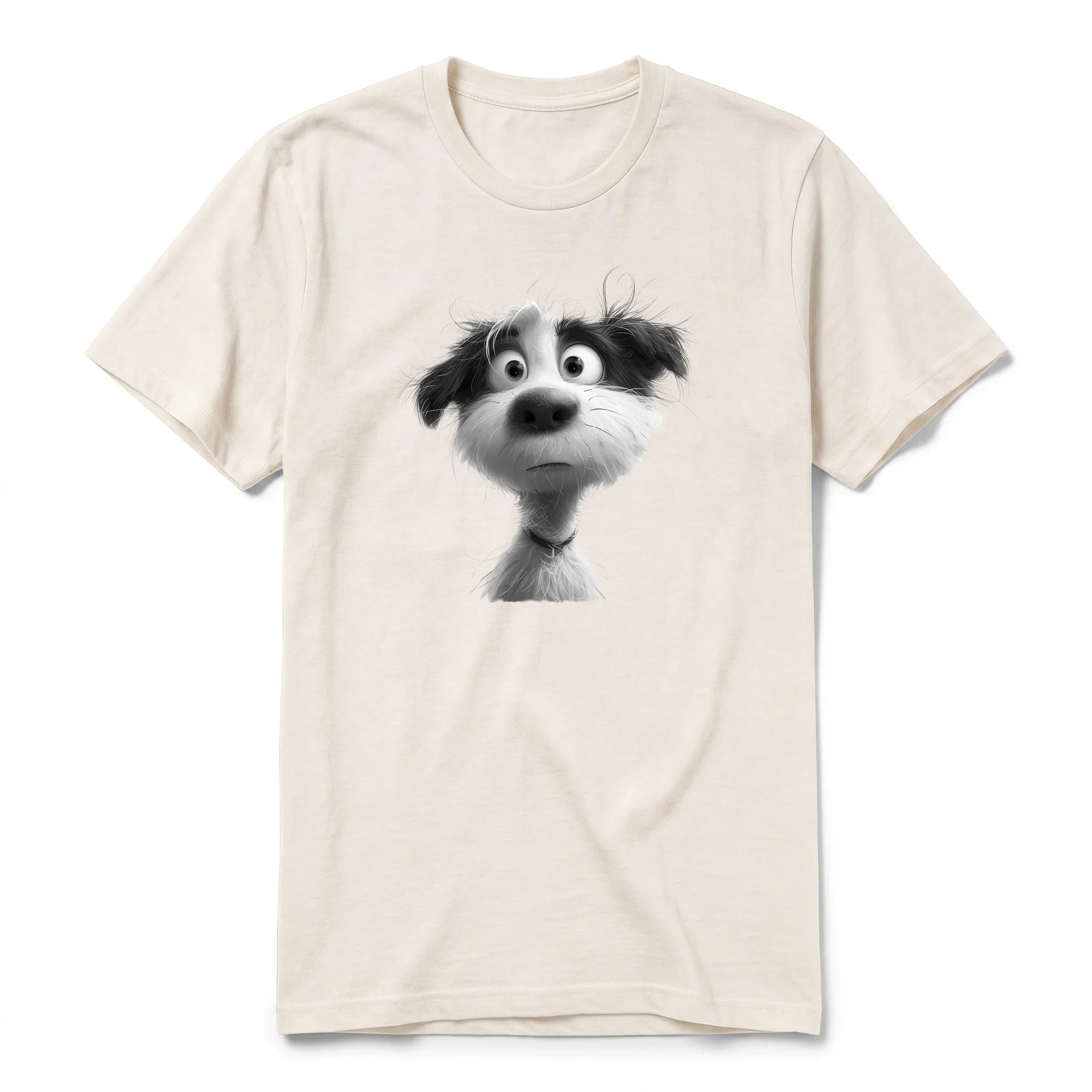 A vintage-white short-sleeve crewneck t-shirt for adult featuring a graphic of a dog on the front.