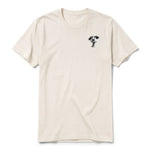A vintage-white short-sleeve crewneck t-shirt for adult featuring a graphic of a dog on the left chest.