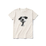 A vintage-white short-sleeve crewneck t-shirt for youth featuring a graphic of a dog on the front.