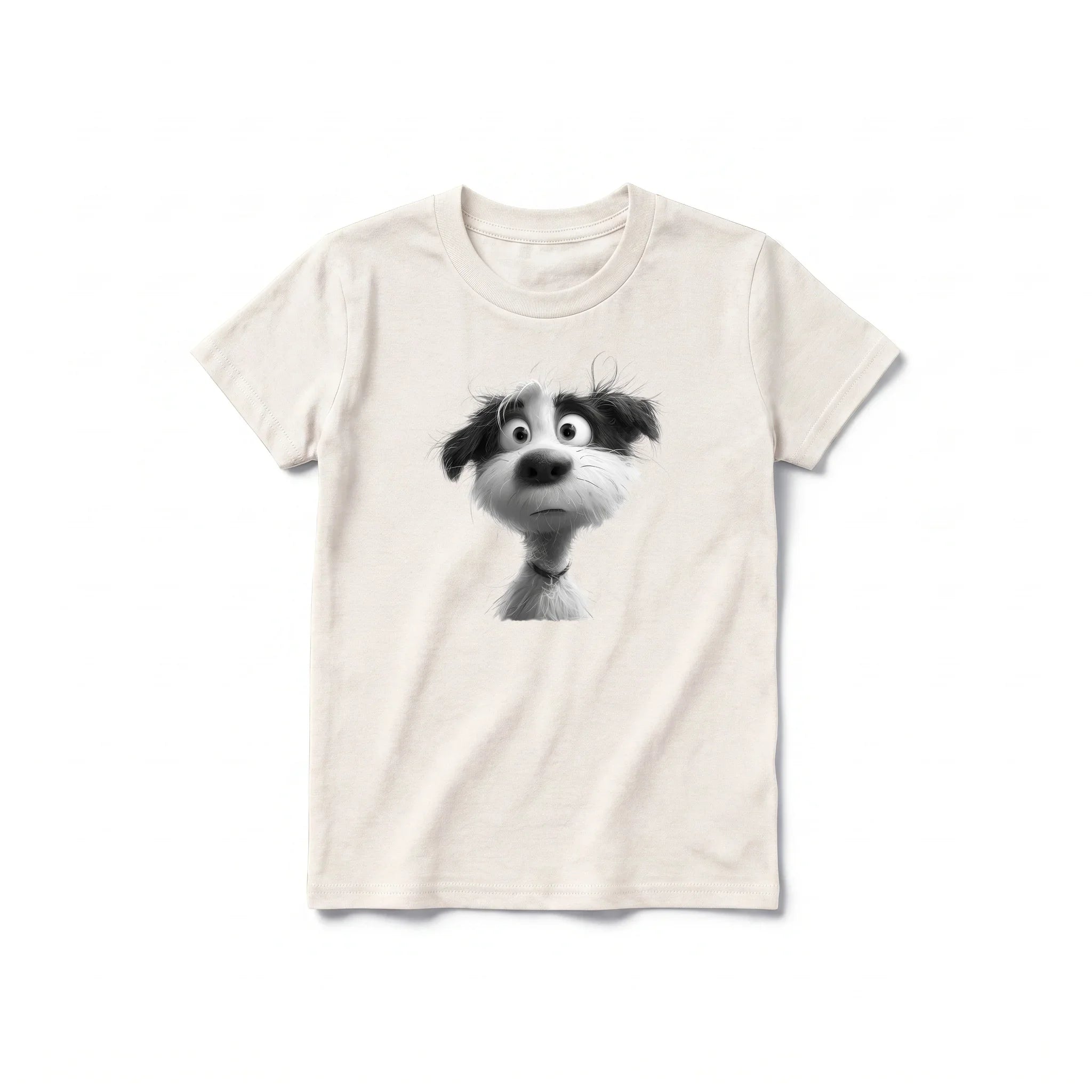 A vintage-white short-sleeve crewneck t-shirt for youth featuring a graphic of a dog on the front.