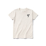 A vintage-white short-sleeve crewneck t-shirt for youth featuring a graphic of a dog on the left chest.
