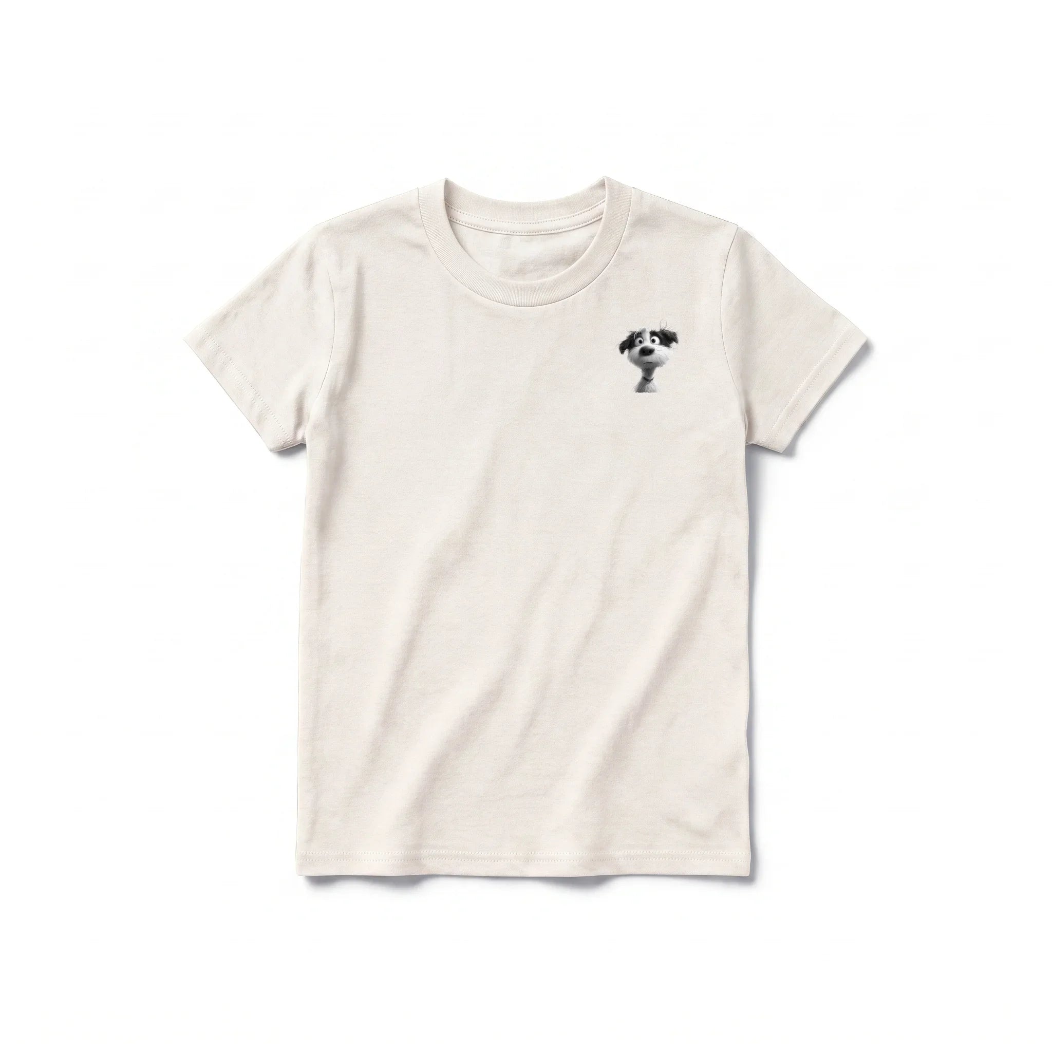 A vintage-white short-sleeve crewneck t-shirt for youth featuring a graphic of a dog on the left chest.
