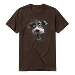 A chocolate short-sleeve crewneck t-shirt for adult featuring a graphic of a dog on the front.