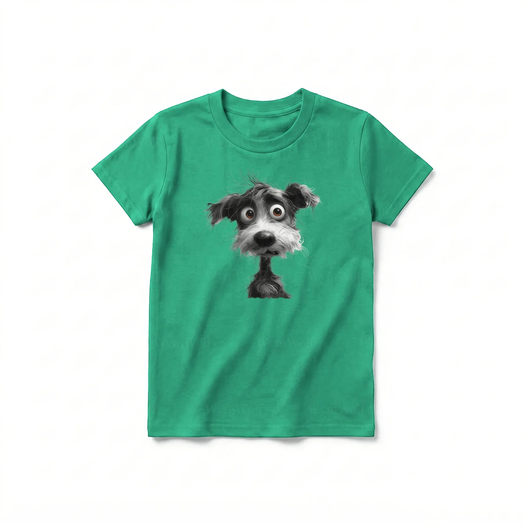 Un T-shirt kelly à manches courtes et col rond pour jeune, orné d'un motif représentant un chien sur le devant.