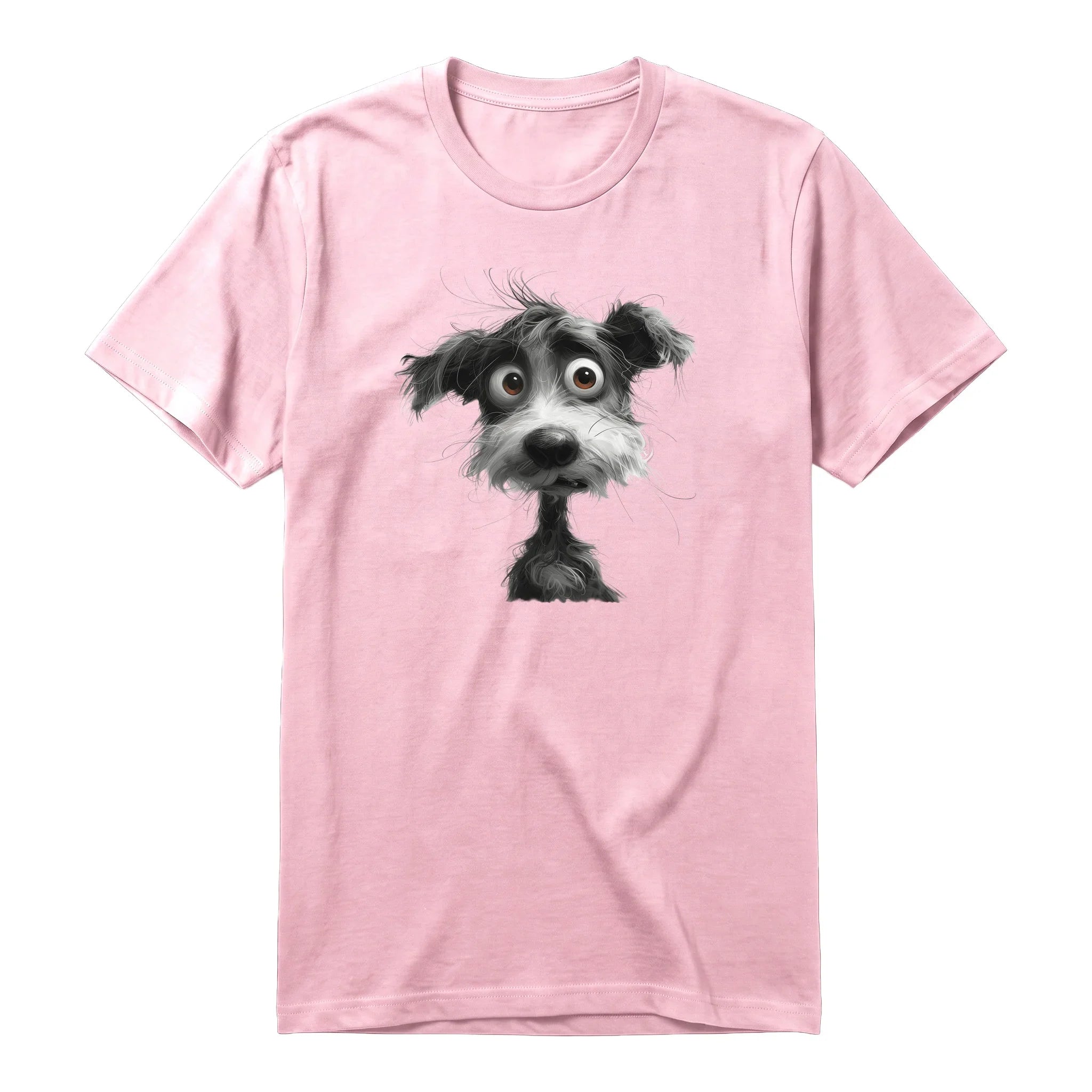 Un T-shirt rose à manches courtes et col rond, orné d'un motif représentant un chien sur le devant.