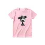 Un T-shirt rose à manches courtes et col rond pour jeune, orné d'un motif représentant un chien sur le devant.