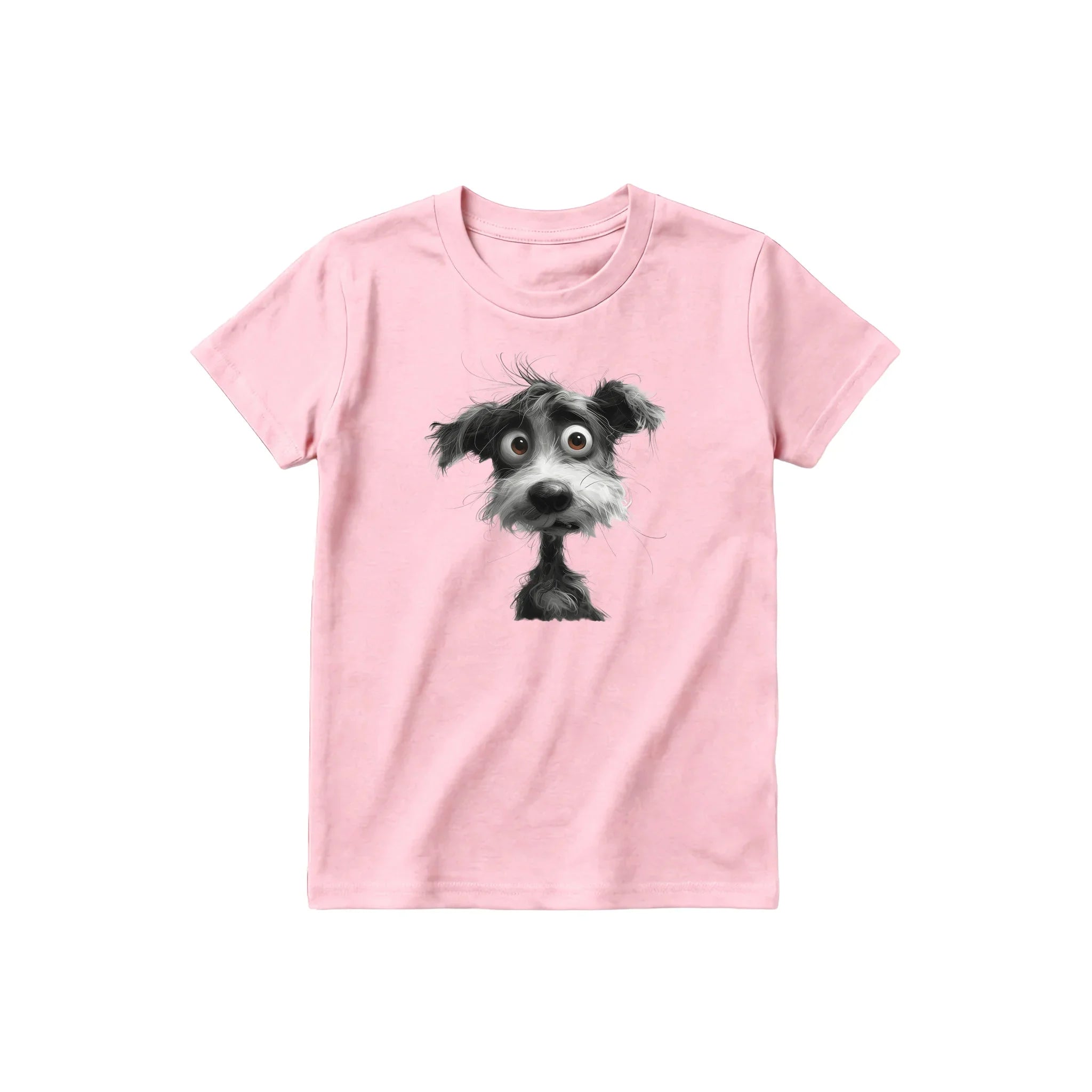 Un T-shirt rose à manches courtes et col rond pour jeune, orné d'un motif représentant un chien sur le devant.
