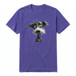 A purple short-sleeve crewneck t-shirt for adult featuring a graphic of a dog on the front.