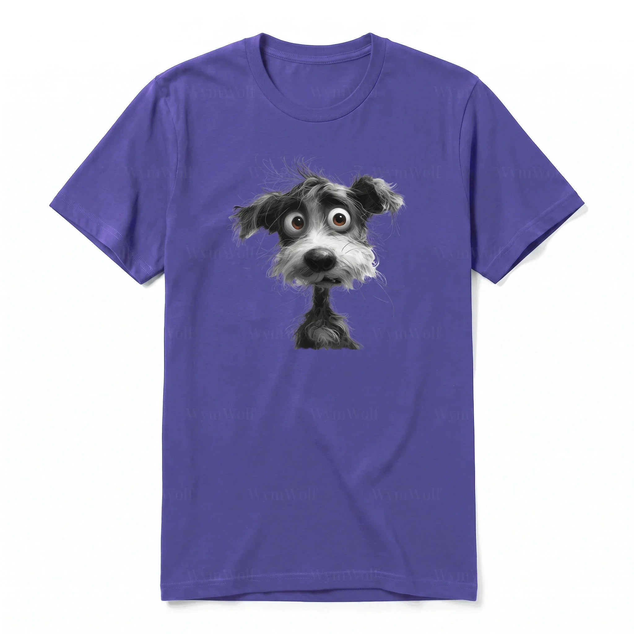 A purple short-sleeve crewneck t-shirt for adult featuring a graphic of a dog on the front.