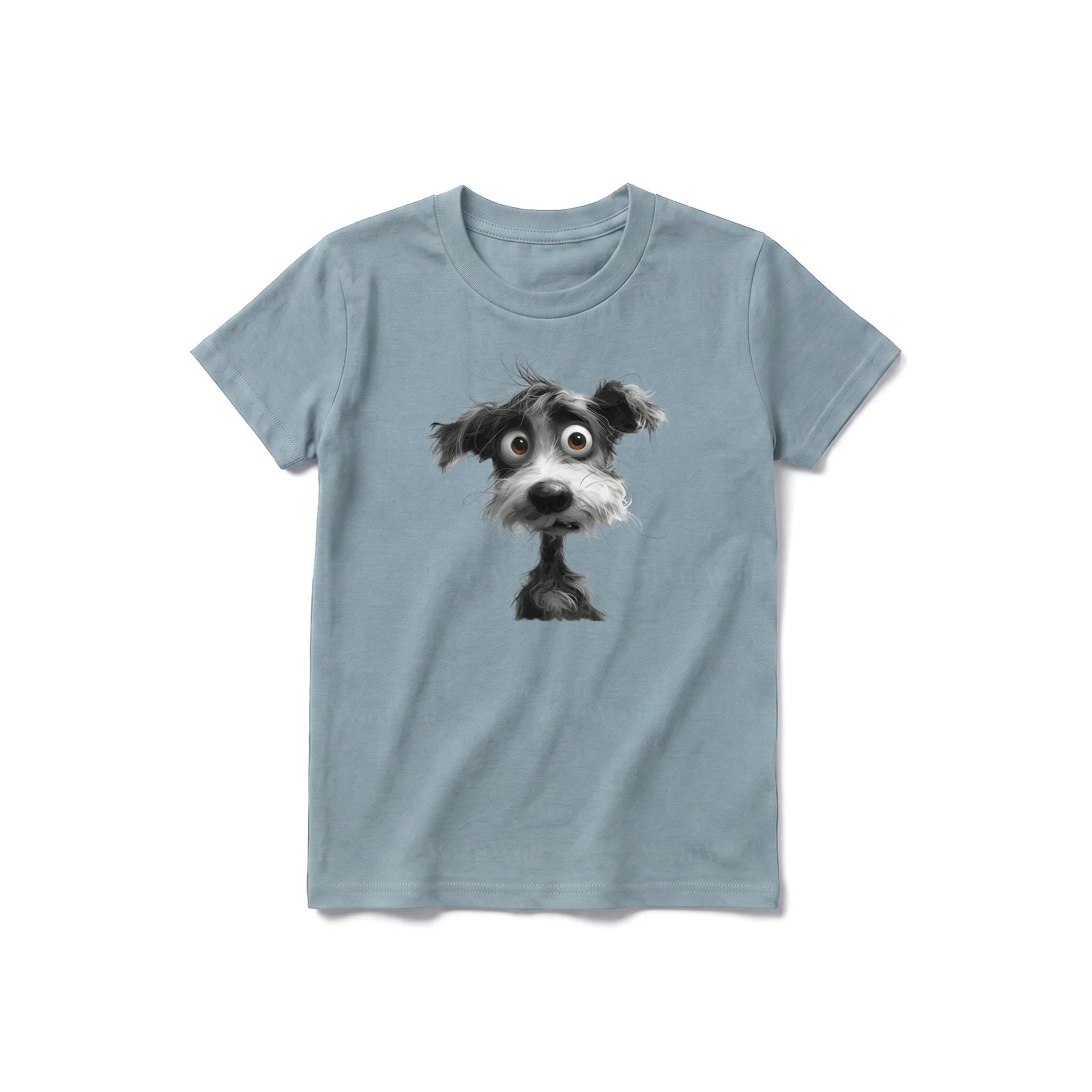 Un T-shirt sauge à manches courtes et col rond pour jeune, orné d'un motif représentant un chien sur le devant.